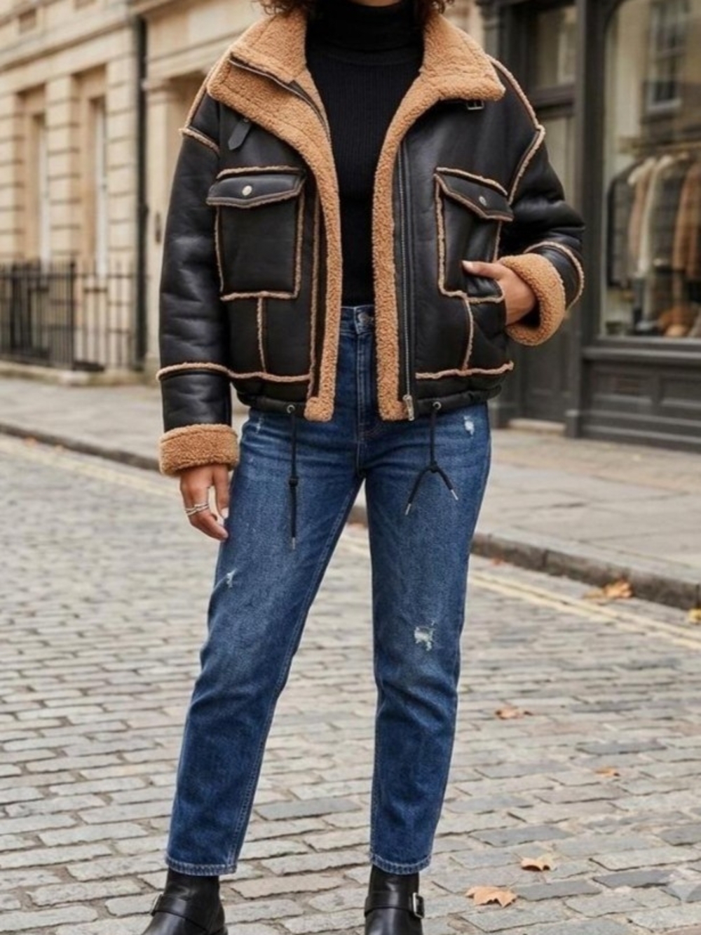 Fashion Nova Brown Trim Black Shearling Bomber Jacket